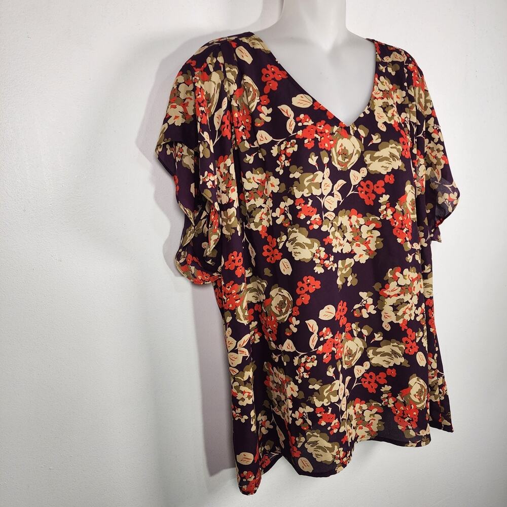 Cabi Womens A La Mode Top XXL Multicolor Floral V Neck Flutter Sleeve Pleated - Picture 6 of 10